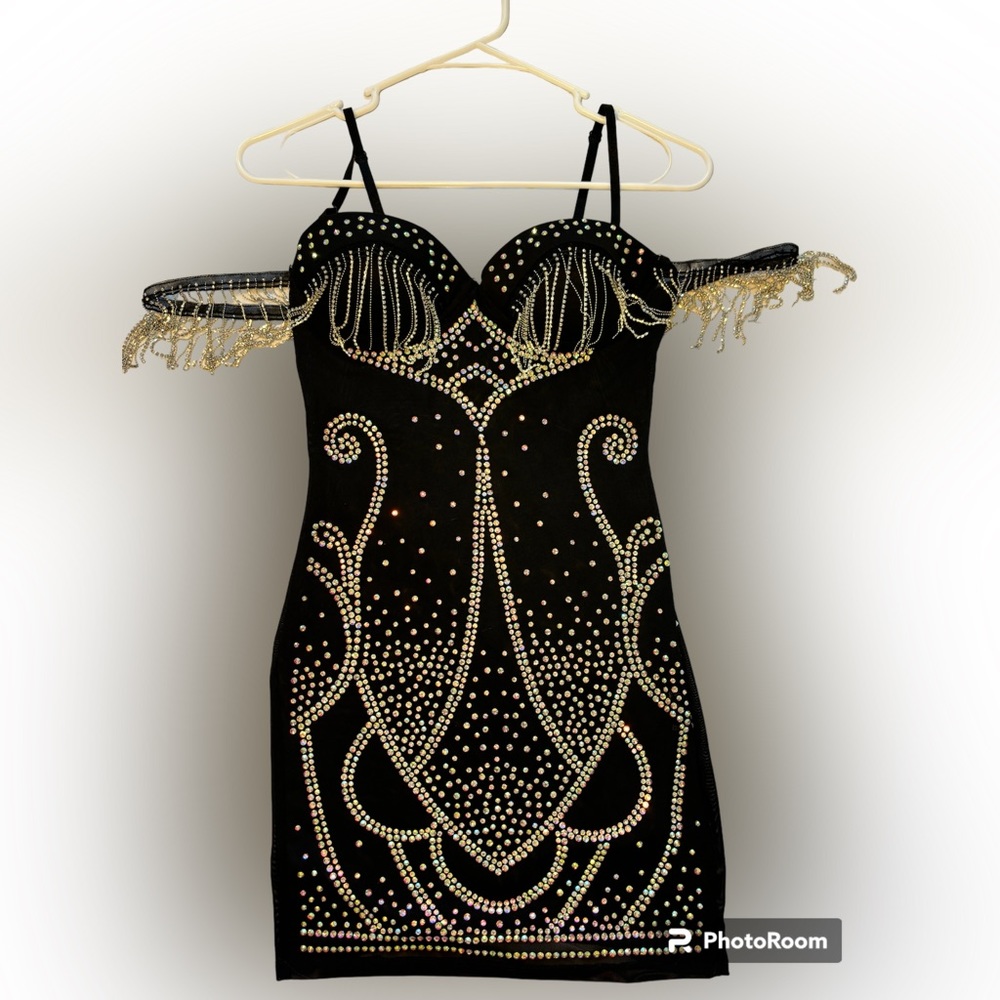 OFF SHOULDER SEQUIN/FRINGE MINI DRESS